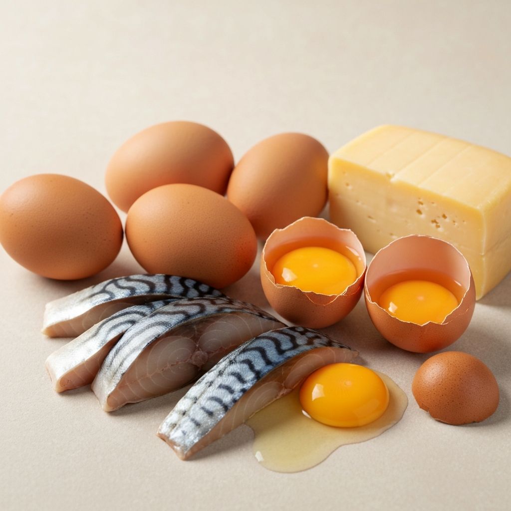 Vitamin D rich foods: eggs, mackerel, and natural cheese
